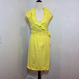 J. Crew 100% Linen Ruffle Neck Wrap Dress Size 6 Small Lime Green Short Sleeve
